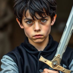 A 14-year-old boy in the center of the image, with messy black hair and brown eyes, wearing a black Yankees jacket with grey sleeves