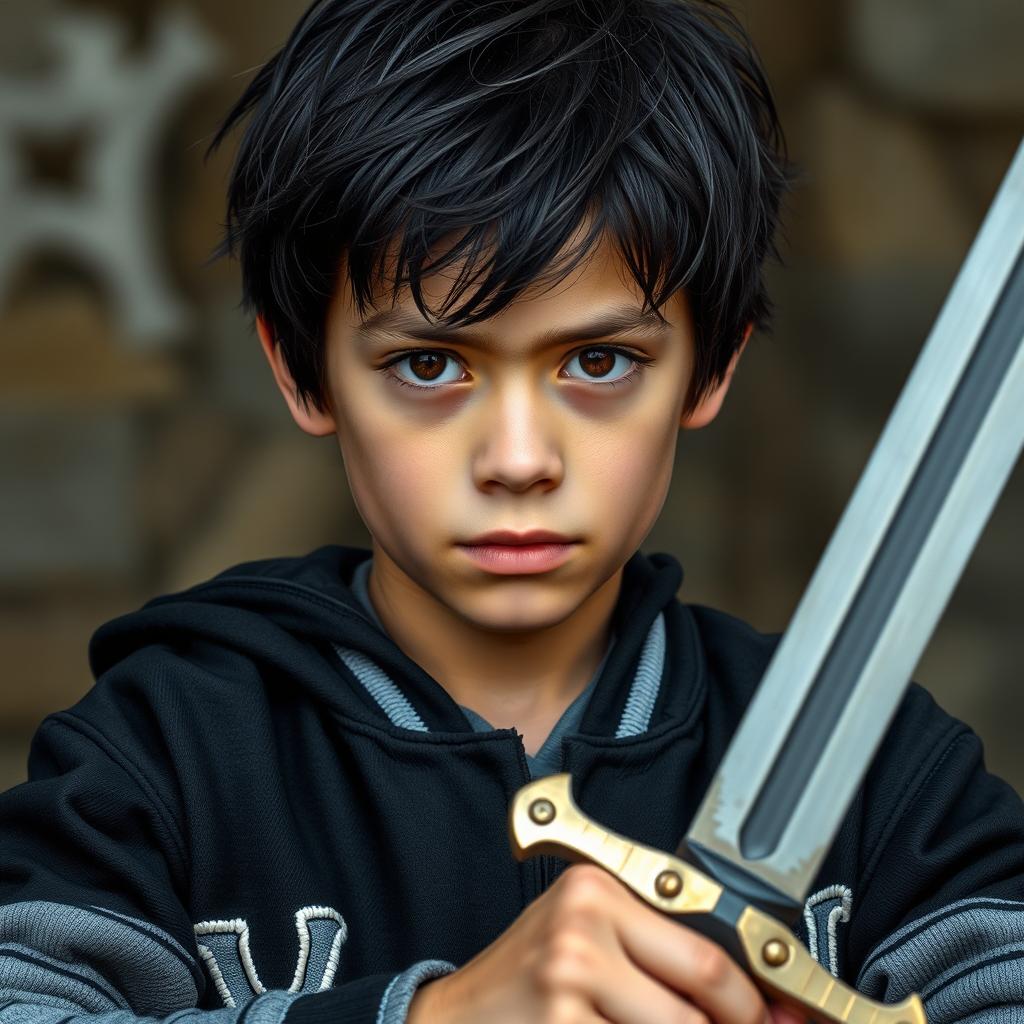 A 14-year-old boy in the center of the image, with messy black hair and brown eyes, wearing a black Yankees jacket with grey sleeves