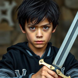 A 14-year-old boy in the center of the image, with messy black hair and brown eyes, wearing a black Yankees jacket with grey sleeves