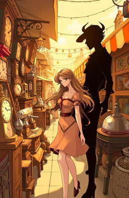 A vintage-themed illustration depicting a vibrant antique market filled with various antiques and collectibles