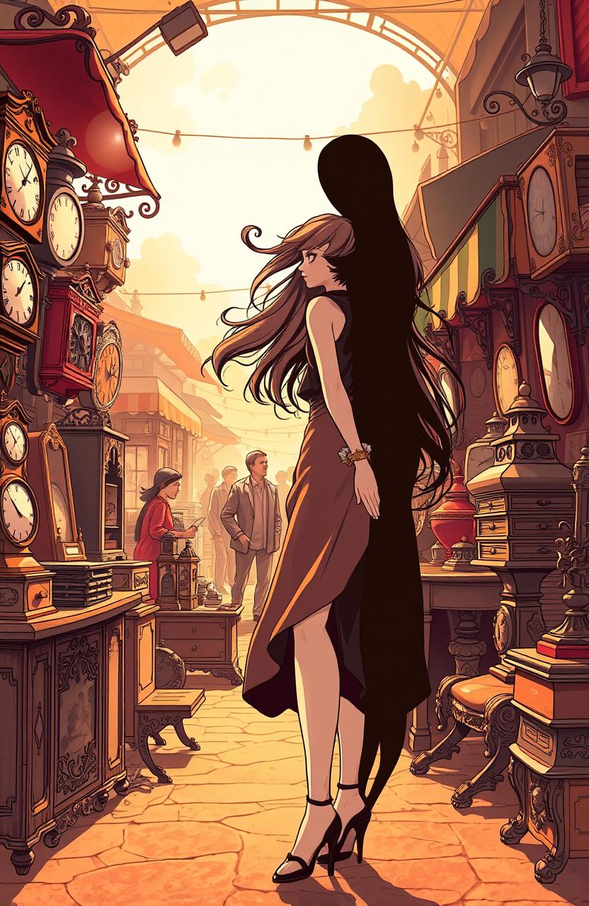 A vintage-themed illustration depicting a vibrant antique market filled with various antiques and collectibles