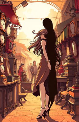 A vintage-themed illustration depicting a vibrant antique market filled with various antiques and collectibles