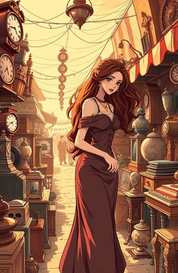 A vintage-themed illustration depicting a vibrant antique market filled with various antiques and collectibles