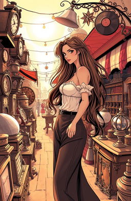A vintage-themed illustration depicting a vibrant antique market filled with various antiques and collectibles