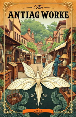A vintage-themed cover illustration showcasing a bustling antique market filled with a variety of old and unique items
