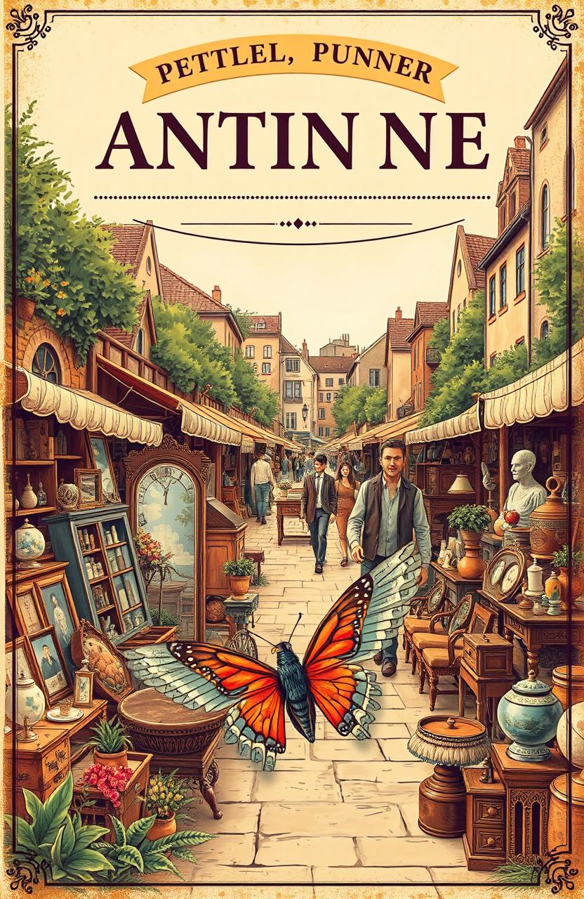 A vintage-themed cover illustration showcasing a bustling antique market filled with a variety of old and unique items