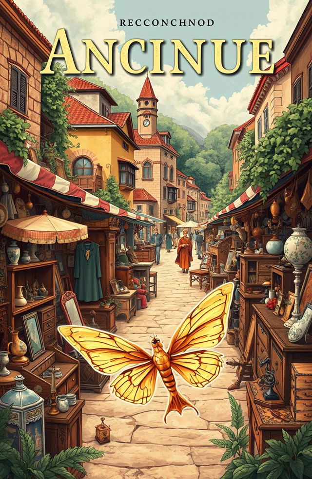 A vintage-themed cover illustration showcasing a bustling antique market filled with a variety of old and unique items