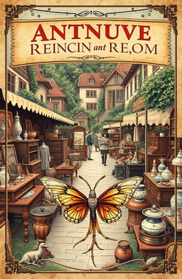 A vintage-themed cover illustration showcasing a bustling antique market filled with a variety of old and unique items