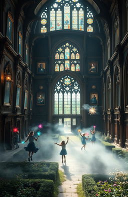 A captivating scene inside a grand, ancient English noble school with majestic architecture