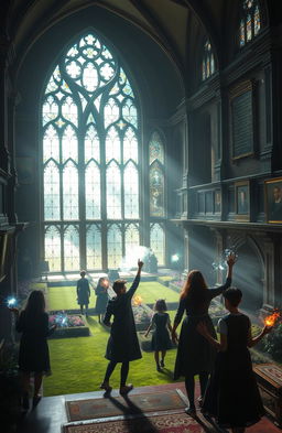A captivating scene inside a grand, ancient English noble school with majestic architecture