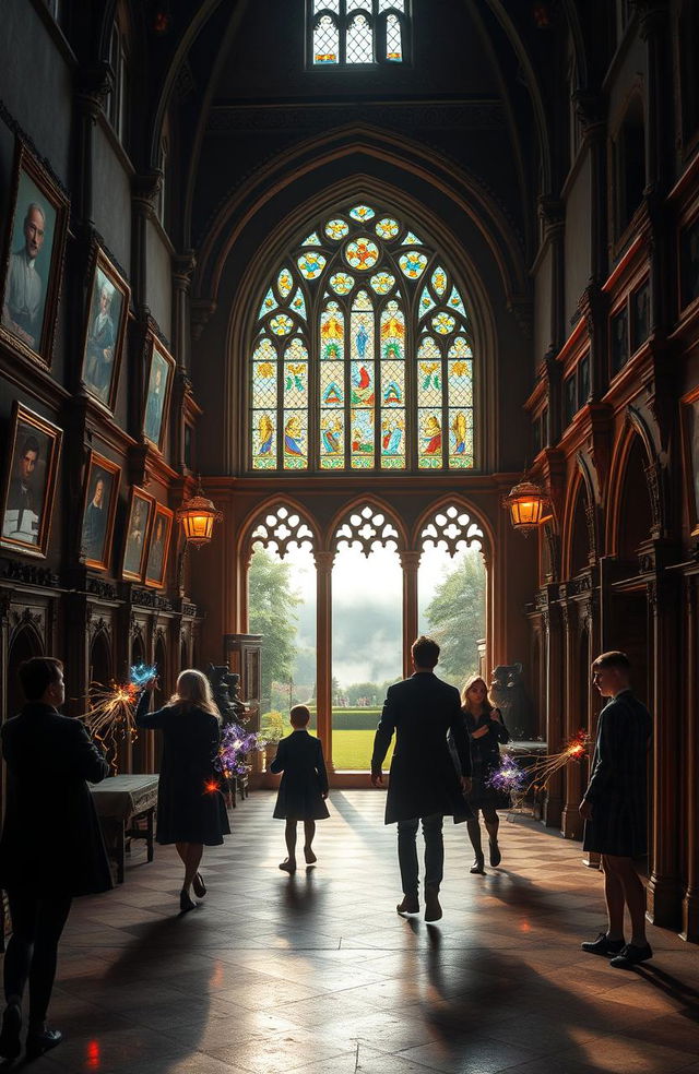 A captivating scene inside a grand, ancient English noble school with majestic architecture