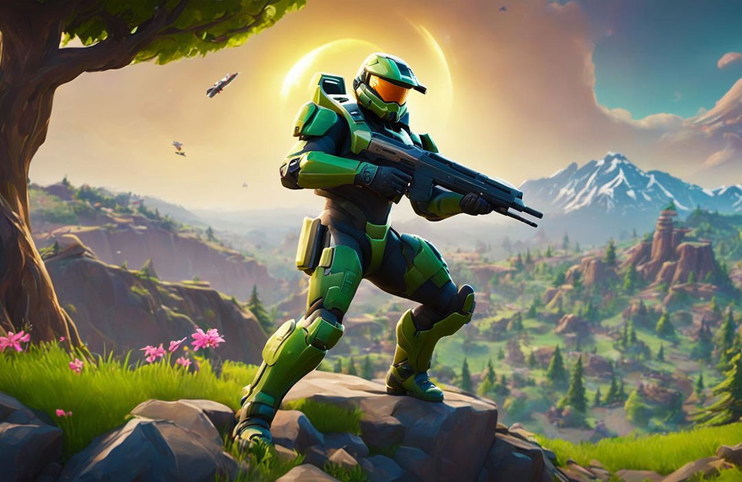 32k HD Fortnite-style wallpaper featuring Master Chief from Halo in a vibrant landscape filled with action.