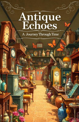 A vintage-themed book cover illustration showcasing a bustling antique market filled with various antique items such as vintage furniture, old clocks, and colorful glassware