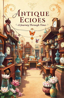 A vintage-themed book cover illustration showcasing a bustling antique market filled with various antique items such as vintage furniture, old clocks, and colorful glassware