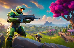 32k HD Fortnite-style wallpaper featuring Master Chief from Halo in a vibrant landscape filled with action.