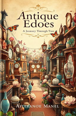 A vintage-themed book cover illustration showcasing a bustling antique market filled with various antique items such as vintage furniture, old clocks, and colorful glassware