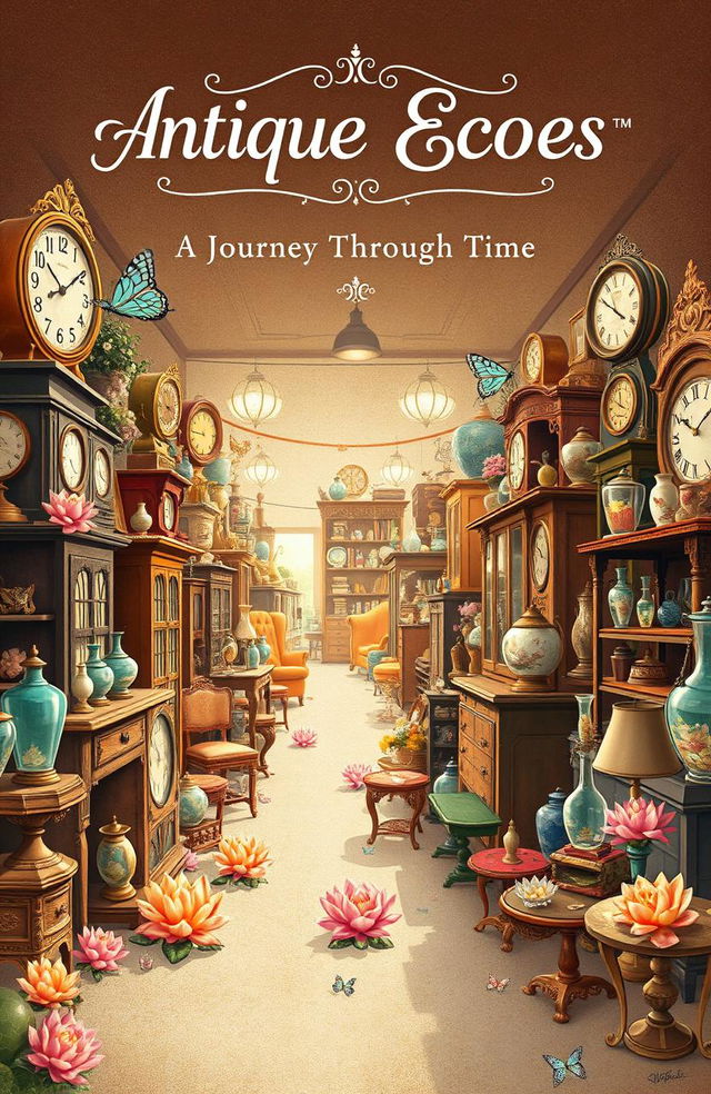 A vintage-themed book cover illustration showcasing a bustling antique market filled with various antique items such as vintage furniture, old clocks, and colorful glassware