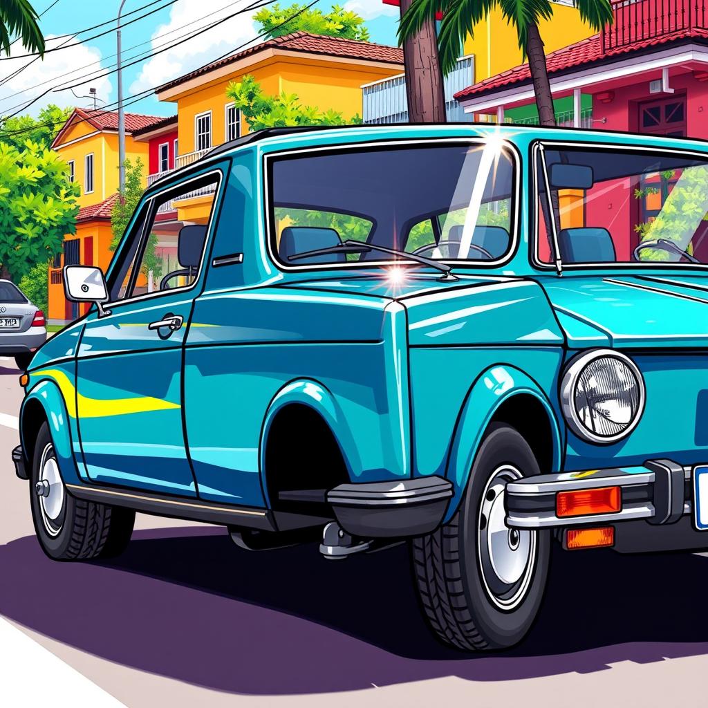 A detailed and vibrant illustration of a classic Volkswagen Gol Quadrado parked on a sunny street