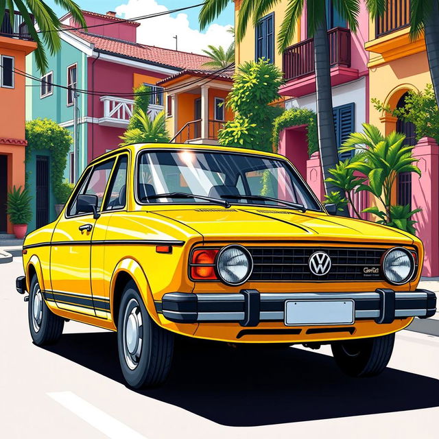 A detailed and vibrant illustration of a classic Volkswagen Gol Quadrado parked on a sunny street