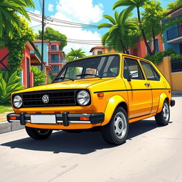A detailed and vibrant illustration of a classic Volkswagen Gol Quadrado parked on a sunny street