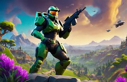 32k HD Fortnite-style wallpaper featuring Master Chief from Halo in a vibrant landscape filled with action.