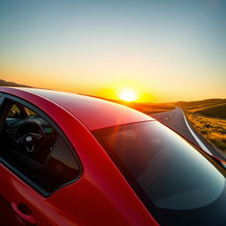 A shiny and modern Volkswagen Gol car parked on a scenic highway with a vibrant sunset in the background