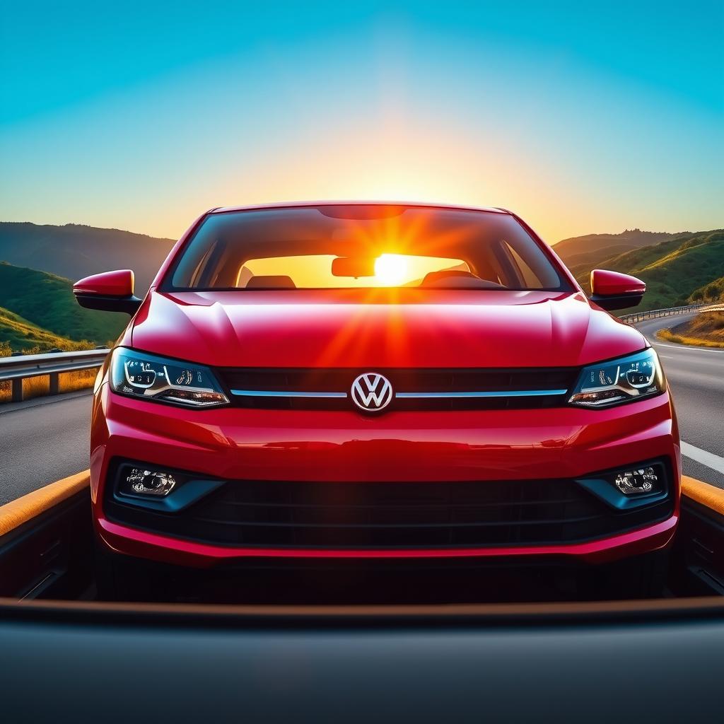 A shiny and modern Volkswagen Gol car parked on a scenic highway with a vibrant sunset in the background