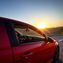 A shiny and modern Volkswagen Gol car parked on a scenic highway with a vibrant sunset in the background