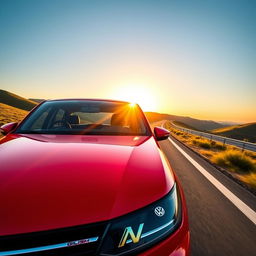 A shiny and modern Volkswagen Gol car parked on a scenic highway with a vibrant sunset in the background