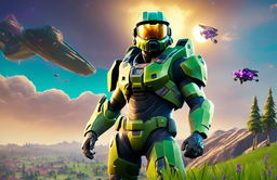 32k HD Fortnite-style wallpaper featuring Master Chief from Halo in a vibrant landscape filled with action.