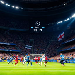 A dramatic soccer match scene in a grand stadium filled with cheering fans, showcasing a Champions League final