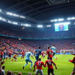 A dramatic soccer match scene in a grand stadium filled with cheering fans, showcasing a Champions League final