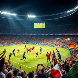 A dramatic soccer match scene in a grand stadium filled with cheering fans, showcasing a Champions League final