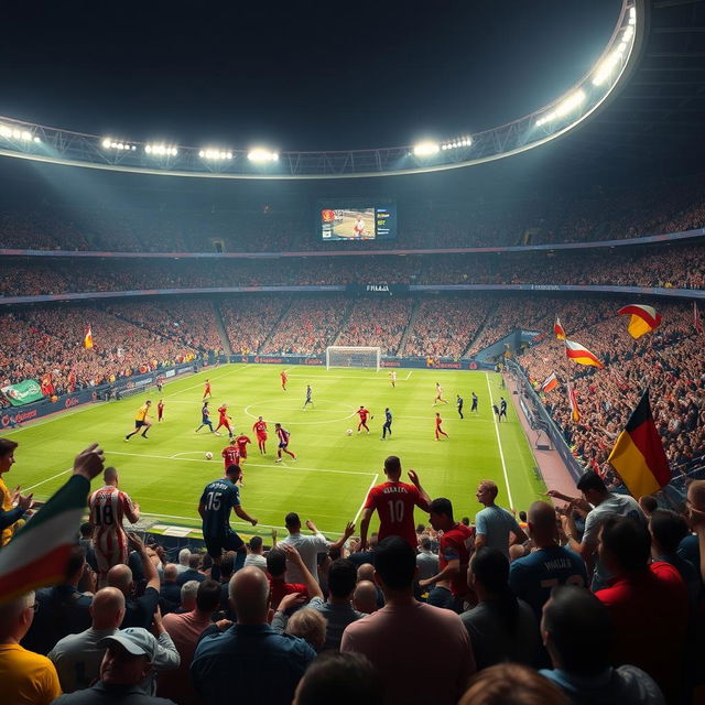 A dramatic soccer match scene in a grand stadium filled with cheering fans, showcasing a Champions League final