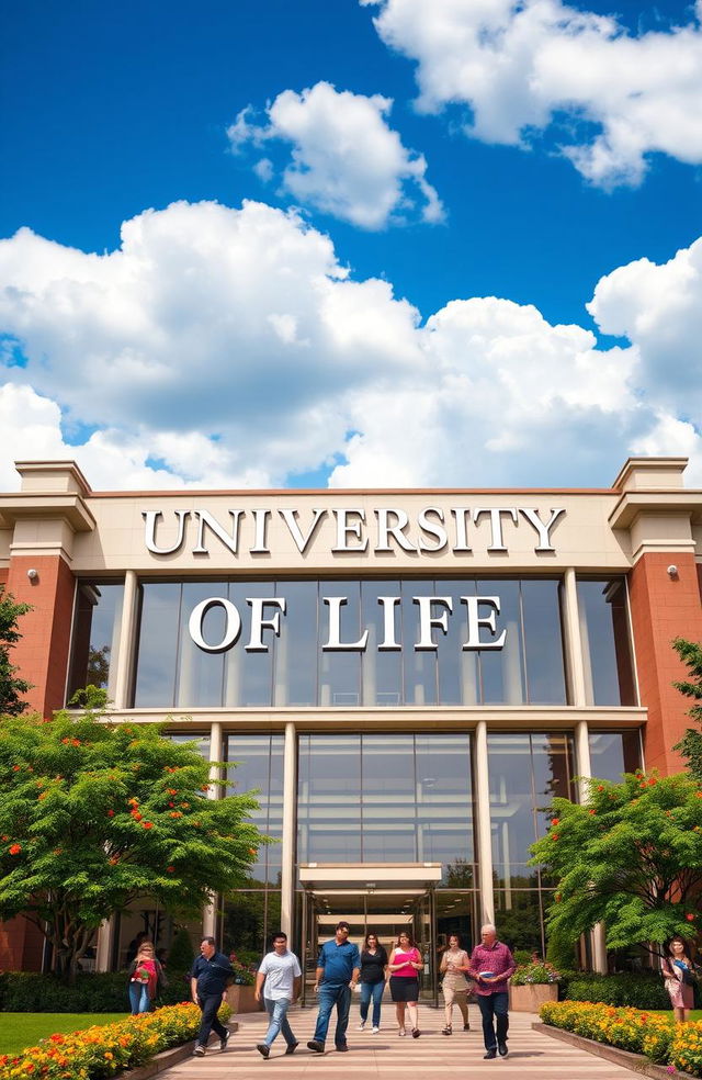 A visually striking image of a grand building with the words 'The University of Life' emblazoned across its facade in bold, elegant typography