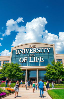 A visually striking image of a grand building with the words 'The University of Life' emblazoned across its facade in bold, elegant typography