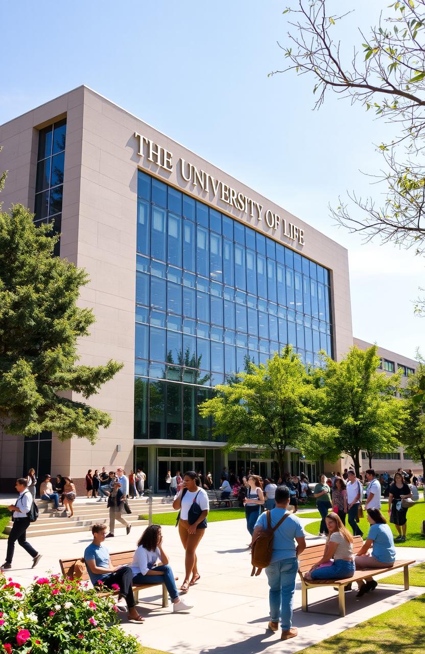 A large, modern academic building with a prominent sign that reads "THE UNIVERSITY OF LIFE"