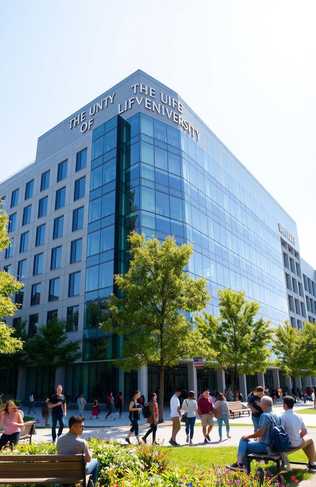 A large, modern academic building with a prominent sign that reads "THE UNIVERSITY OF LIFE"