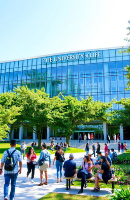A large, modern academic building with a prominent sign that reads "THE UNIVERSITY OF LIFE"