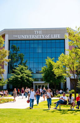 A large, modern academic building with a prominent sign that reads "THE UNIVERSITY OF LIFE"