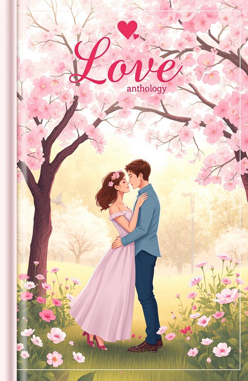 A beautifully designed book cover for a love anthology, featuring a dreamy and romantic illustration of a couple sharing sweet moments together