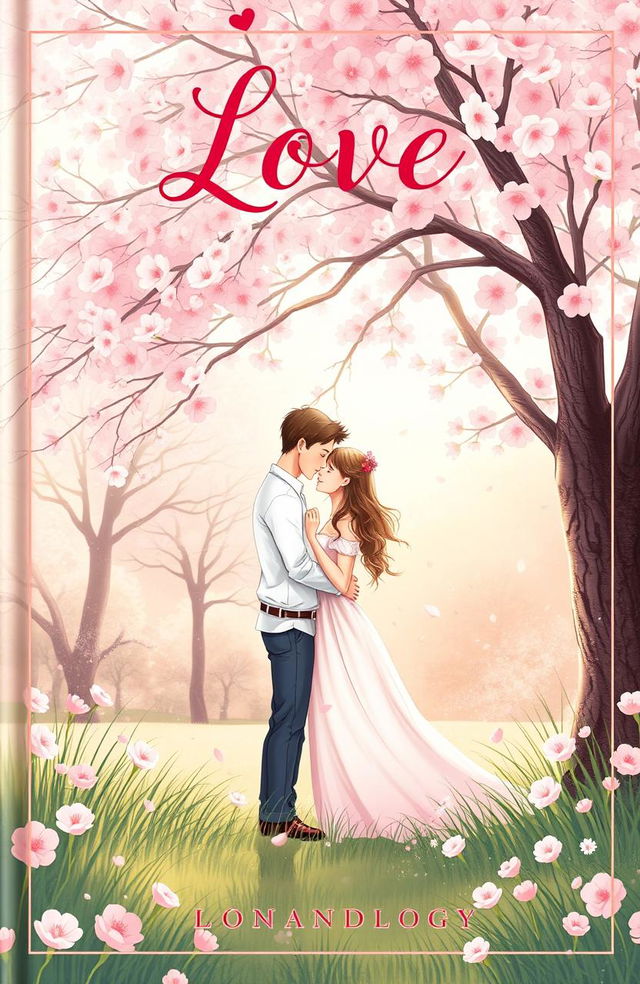 A beautifully designed book cover for a love anthology, featuring a dreamy and romantic illustration of a couple sharing sweet moments together