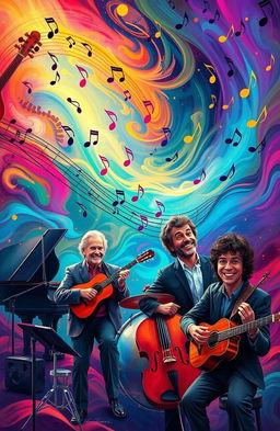 A vibrant and colorful scene depicting the essence of music, with musical notes visually dancing in the air, surrounded by a variety of instruments like a grand piano, guitar, drums, and violins