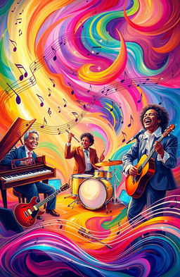 A vibrant and colorful scene depicting the essence of music, with musical notes visually dancing in the air, surrounded by a variety of instruments like a grand piano, guitar, drums, and violins