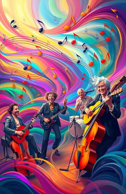 A vibrant and colorful scene depicting the essence of music, with musical notes visually dancing in the air, surrounded by a variety of instruments like a grand piano, guitar, drums, and violins