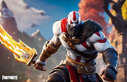 32k HD Fortnite-style wallpaper featuring Kratos from God of War in a dynamic and vibrant setting.