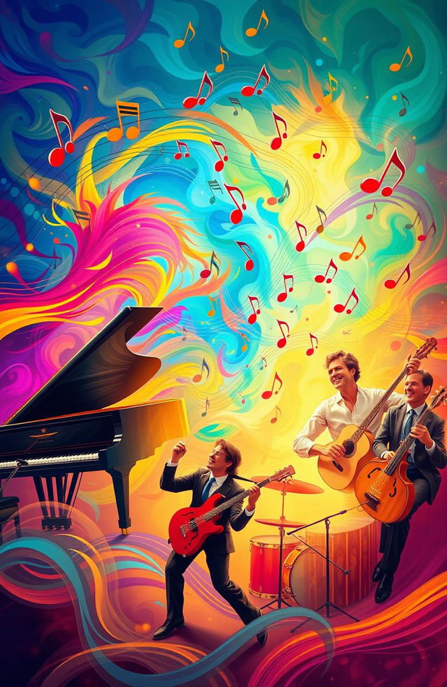 A vibrant and colorful scene depicting the essence of music, with musical notes visually dancing in the air, surrounded by a variety of instruments like a grand piano, guitar, drums, and violins