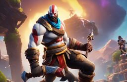 32k HD Fortnite-style wallpaper featuring Kratos from God of War in a dynamic and vibrant setting.