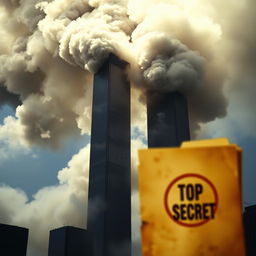 A horizontal thumbnail image featuring the Twin Towers engulfed in thick smoke, creating an intense and mysterious atmosphere