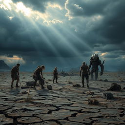 A dystopian wasteland landscape depicting a barren Earth, ravaged by climate disasters, with cracked ground and sparse vegetation